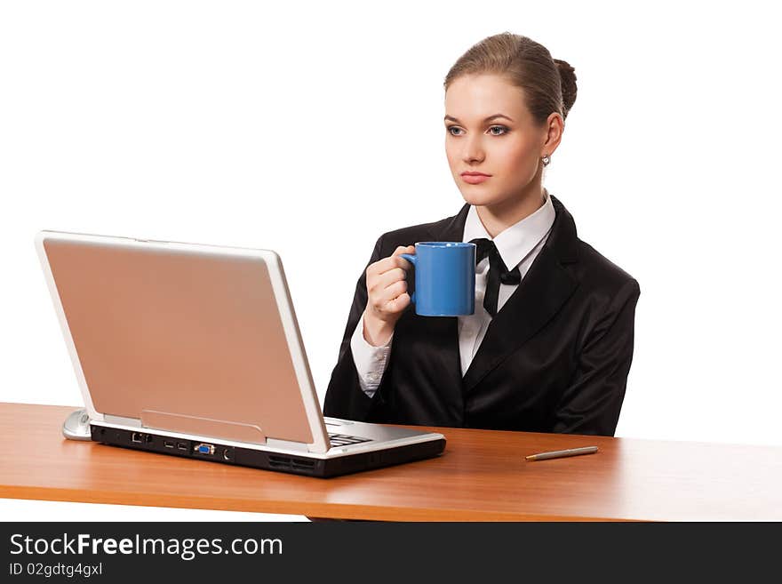 Female office worker has coffee break isolated on white background