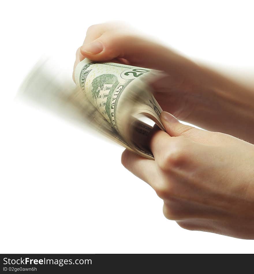 Hands with money isolated on white