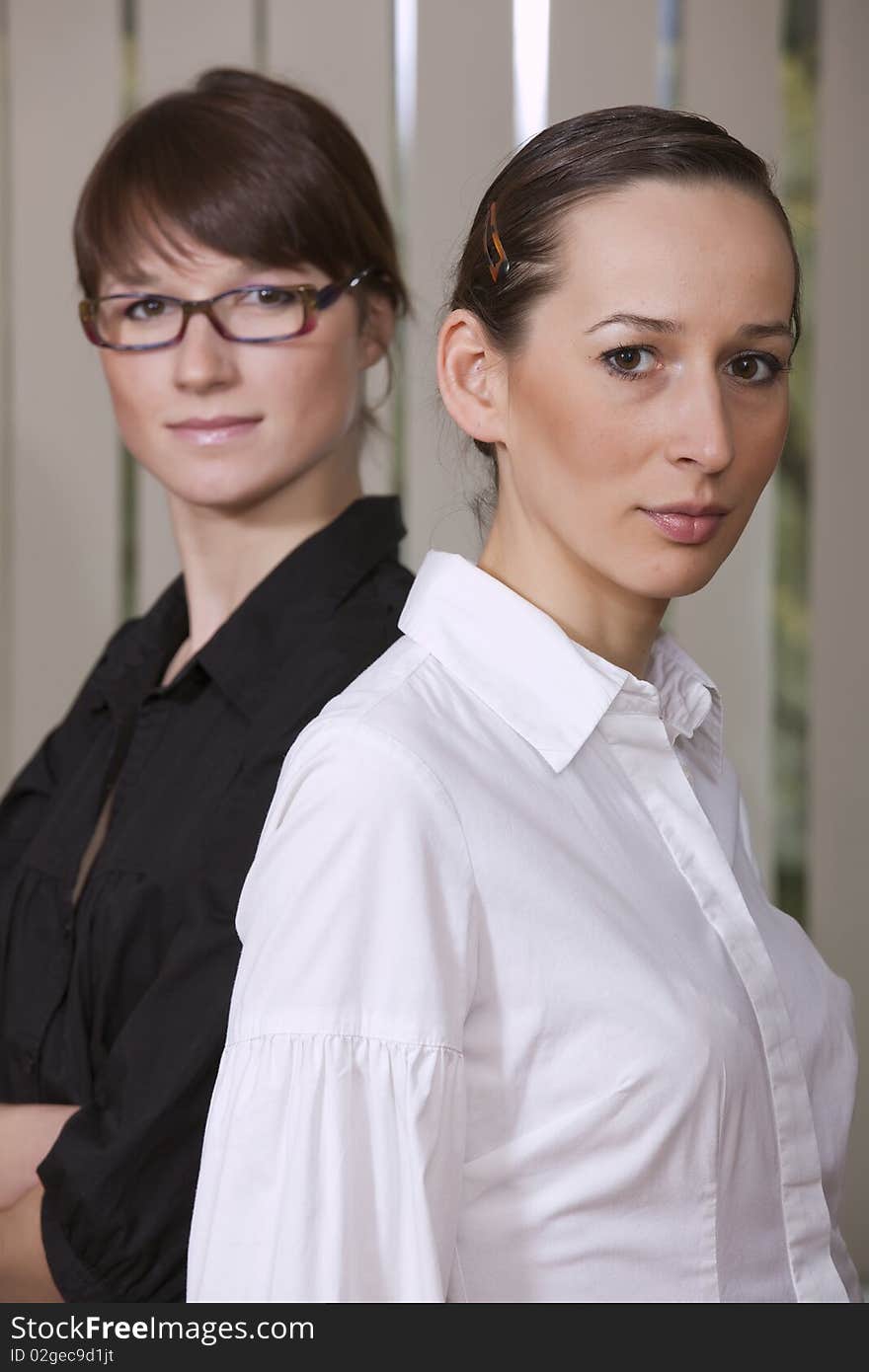 Two young businesswomen standing in the office. Two young businesswomen standing in the office