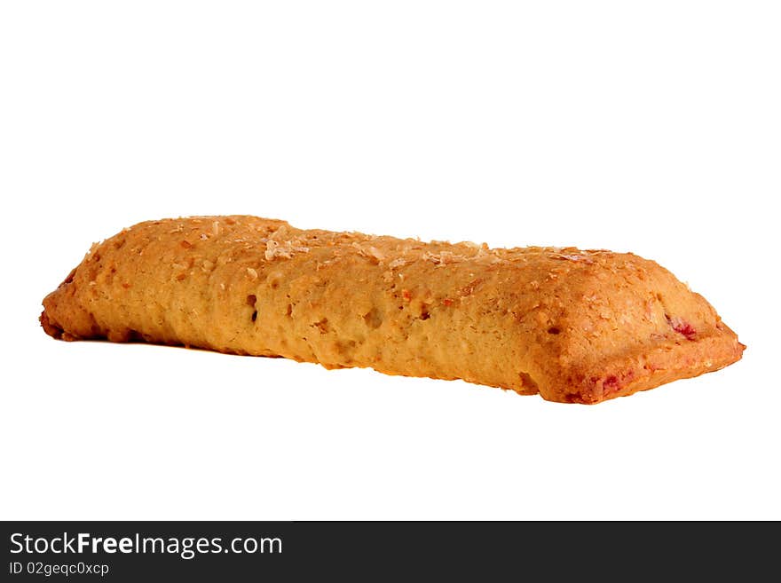 Light meal with fruit - Cereal Bar on a white background.