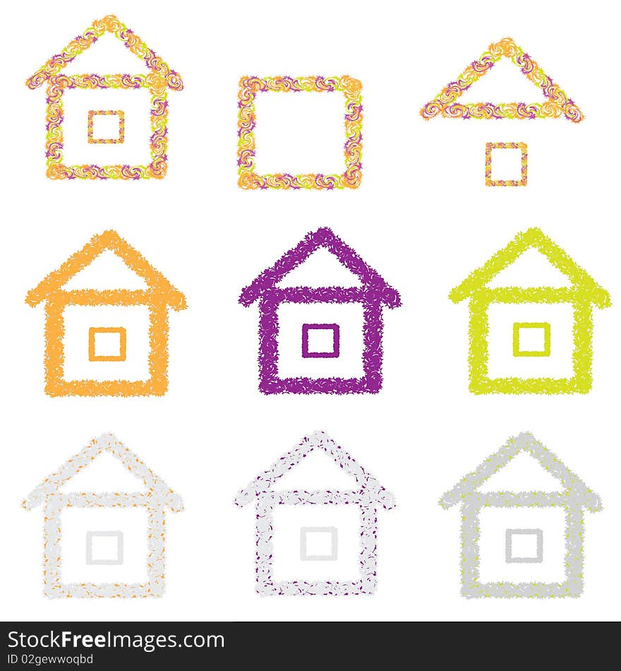 Set of abstract houses with ornamental elements