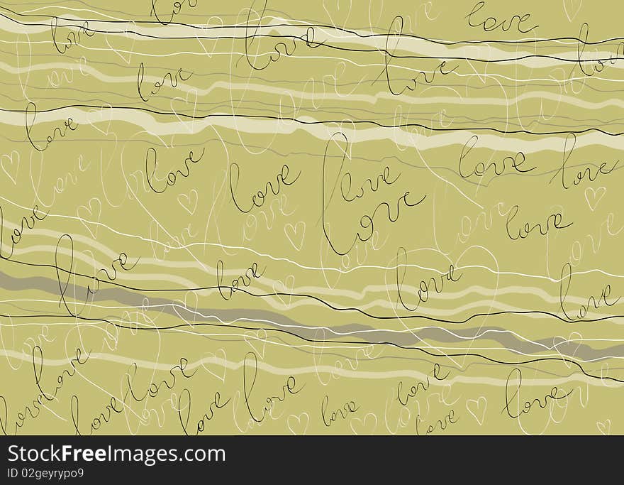 Background of beige color with the words love and hearts, retro. Background of beige color with the words love and hearts, retro