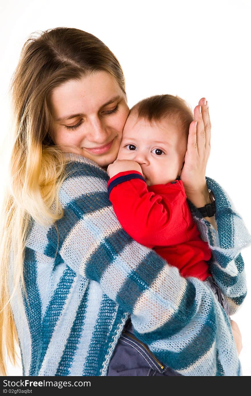 Adorable baby boy with mother isolated om white