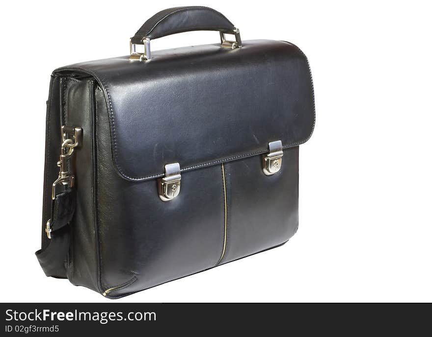 Black leather briefcase isolated in white