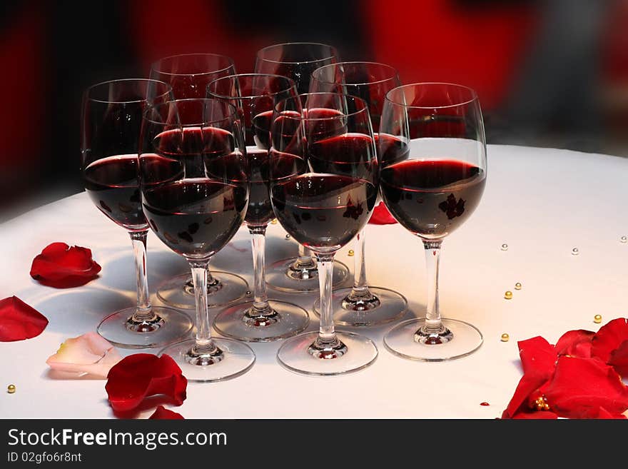 Red wine in glasses on a buffet table. Red wine in glasses on a buffet table