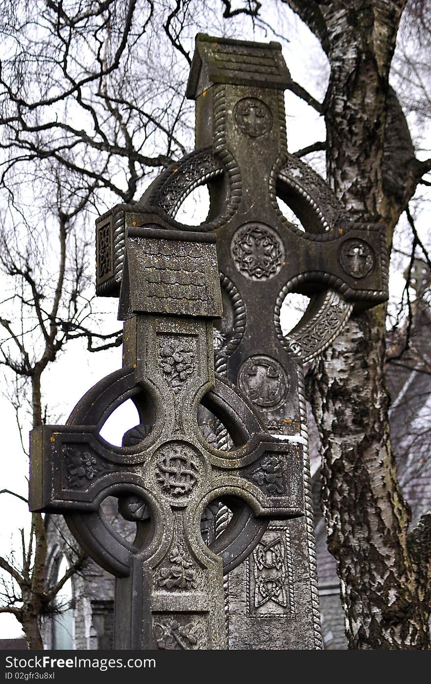 Two stone crosses in a municipal cemetery in Cork city in the south of Ireland. Two stone crosses in a municipal cemetery in Cork city in the south of Ireland