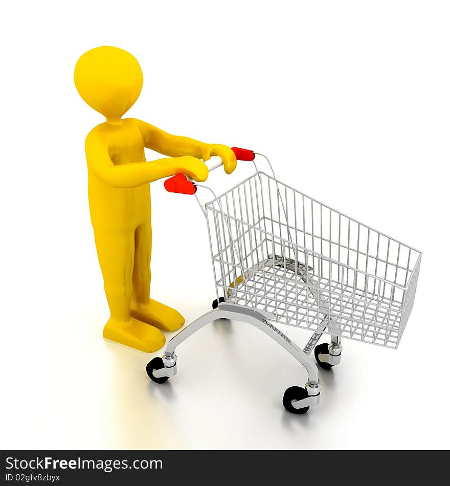 Person With Shoping Cart Over White