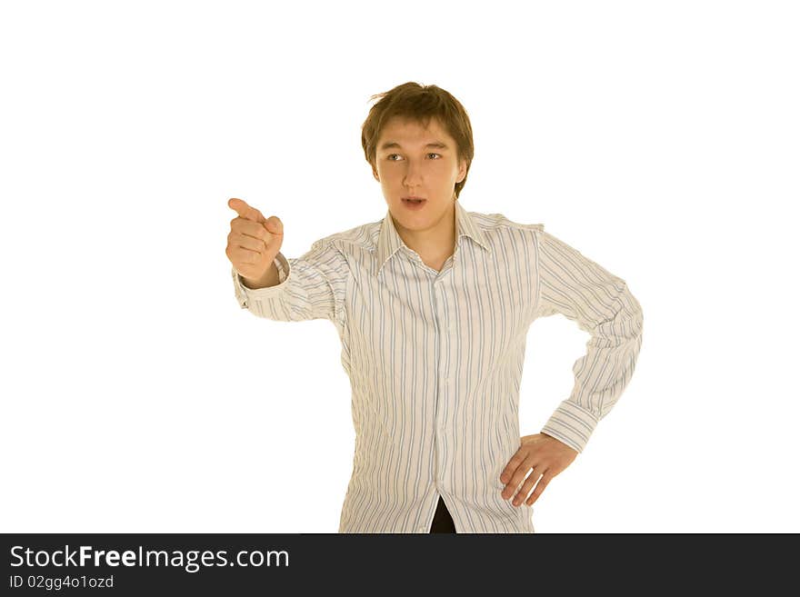 Man in shirt gestures on a white background