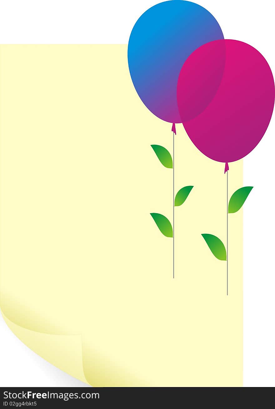 Color balloons with green leaves and paper blank leaf- vector illustration, cartoon, fantastic character