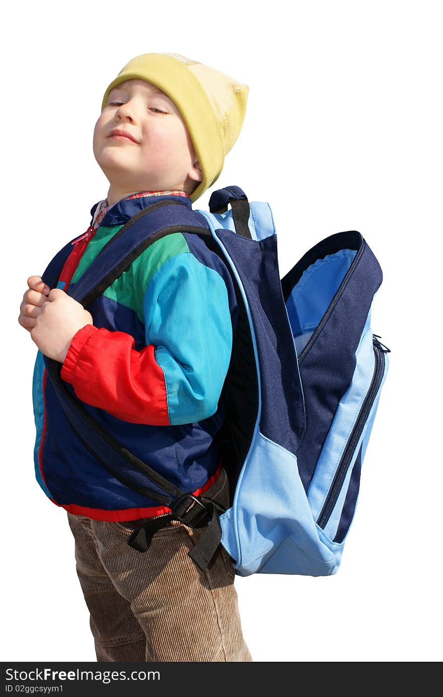 The boy stands proudly with open backpack, insulat