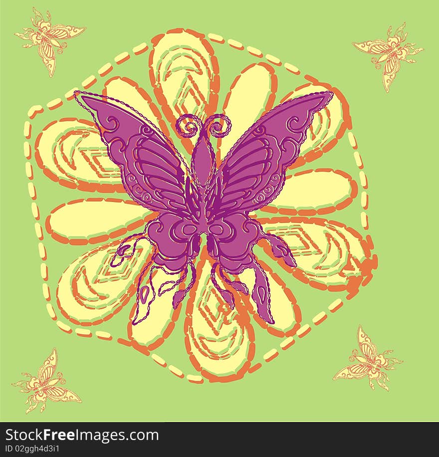 Purple butterfly on a green background graphic design