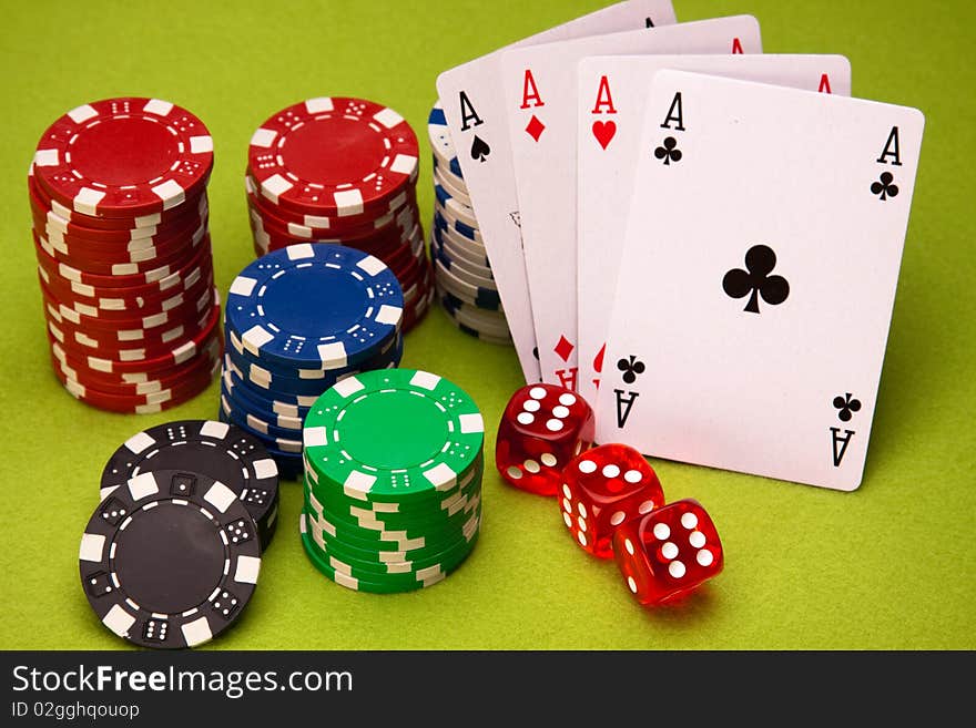 Casino chips closeup in pointed light