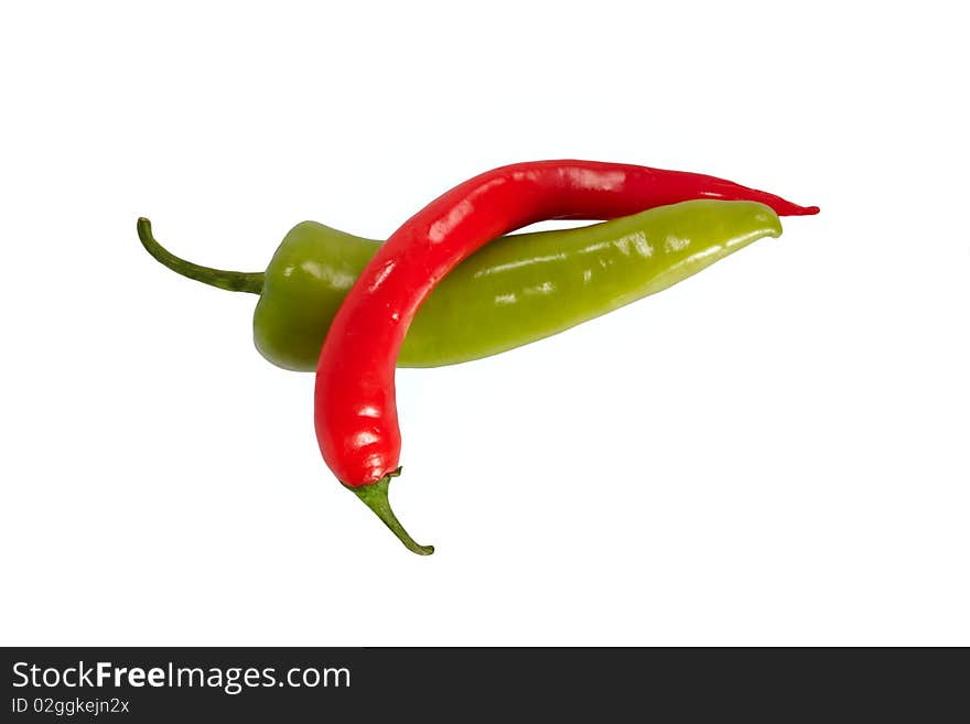 Red anf green chili pepper on white background