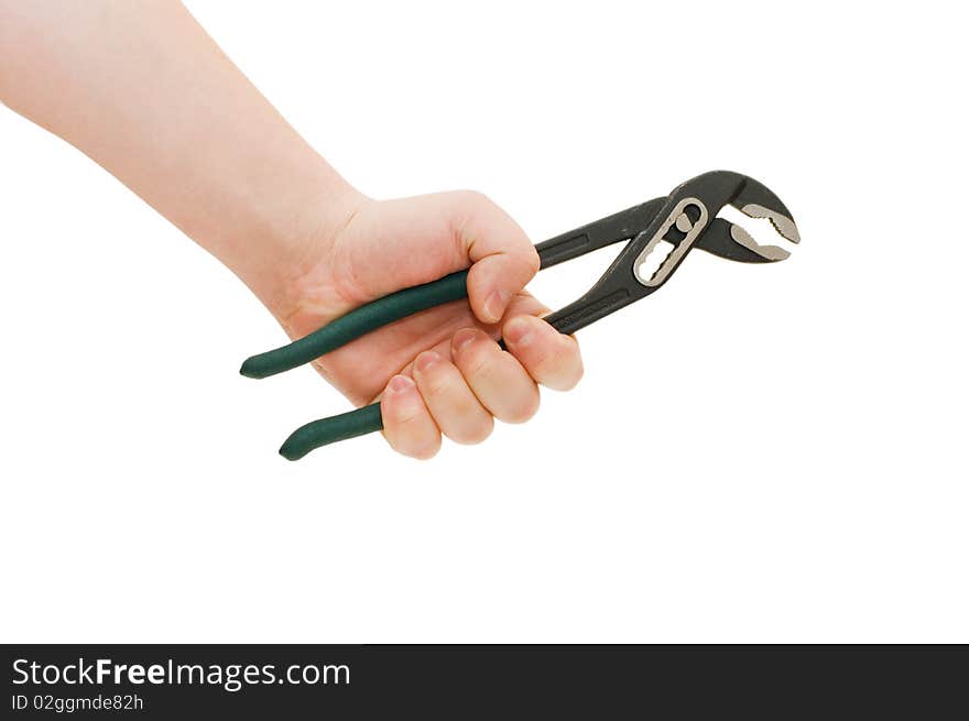 Silver spanners in a man hand isolated over white