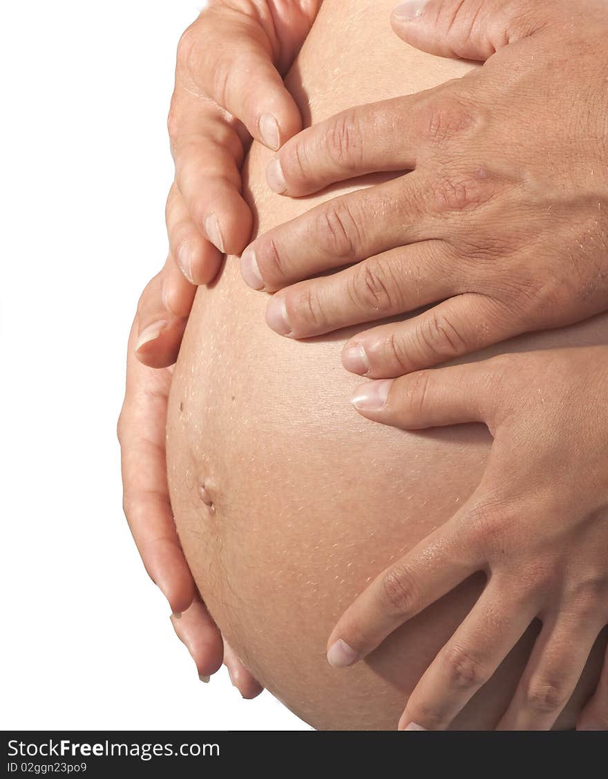 Pregnant body with hands, pregnant woman, woman and man hands. Pregnant body with hands, pregnant woman, woman and man hands