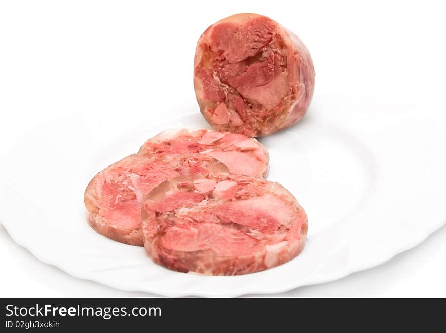 Sliced bacon on the plate. White background