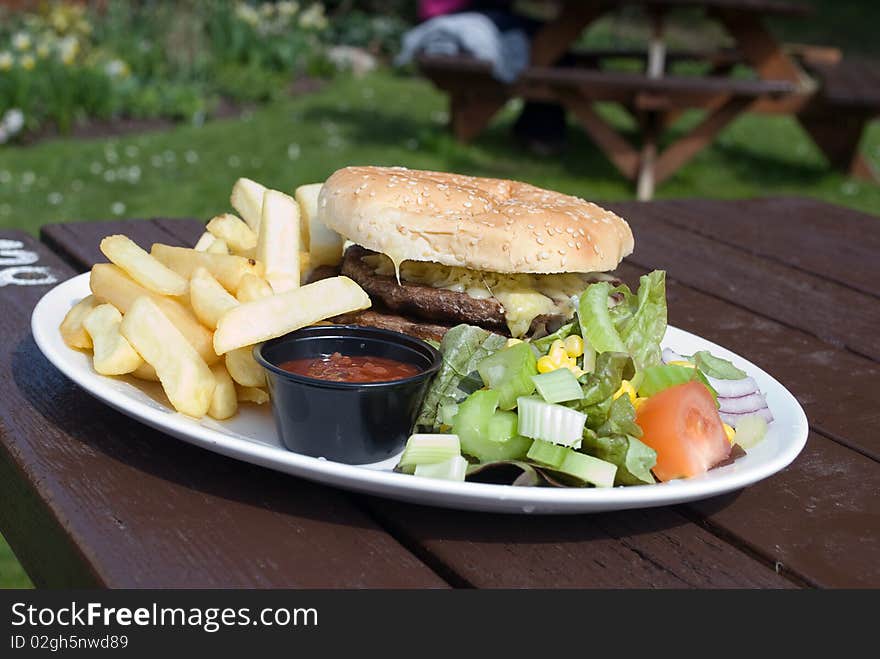 Delicious Cheesburger with fries and salad. Delicious Cheesburger with fries and salad.