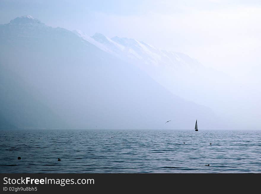 View on Garda Lake and mountains around. View on Garda Lake and mountains around