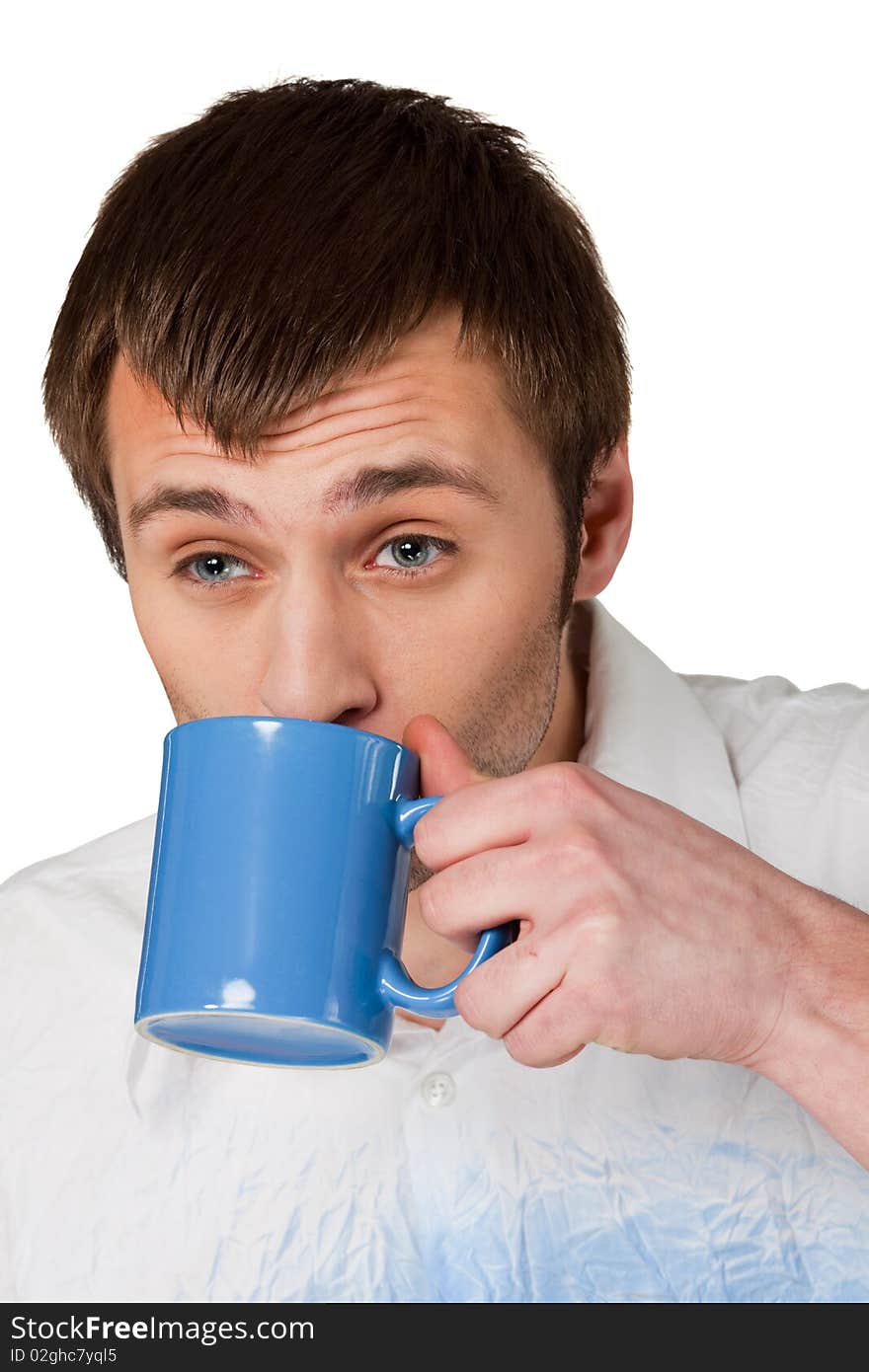 Young man has coffee break isolated on white background