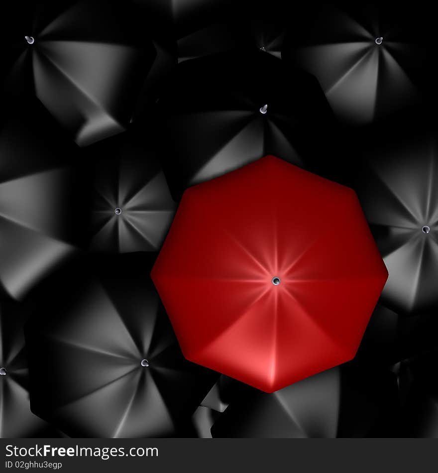 A red umbrella among the rest - 3d image