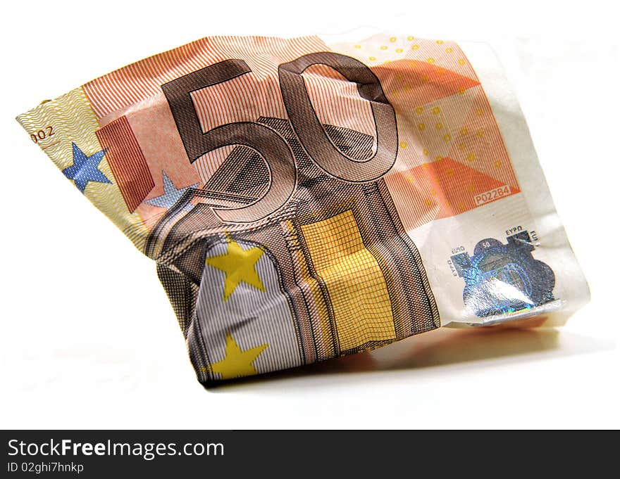 Wrinkled 50 Euro banknote on white background