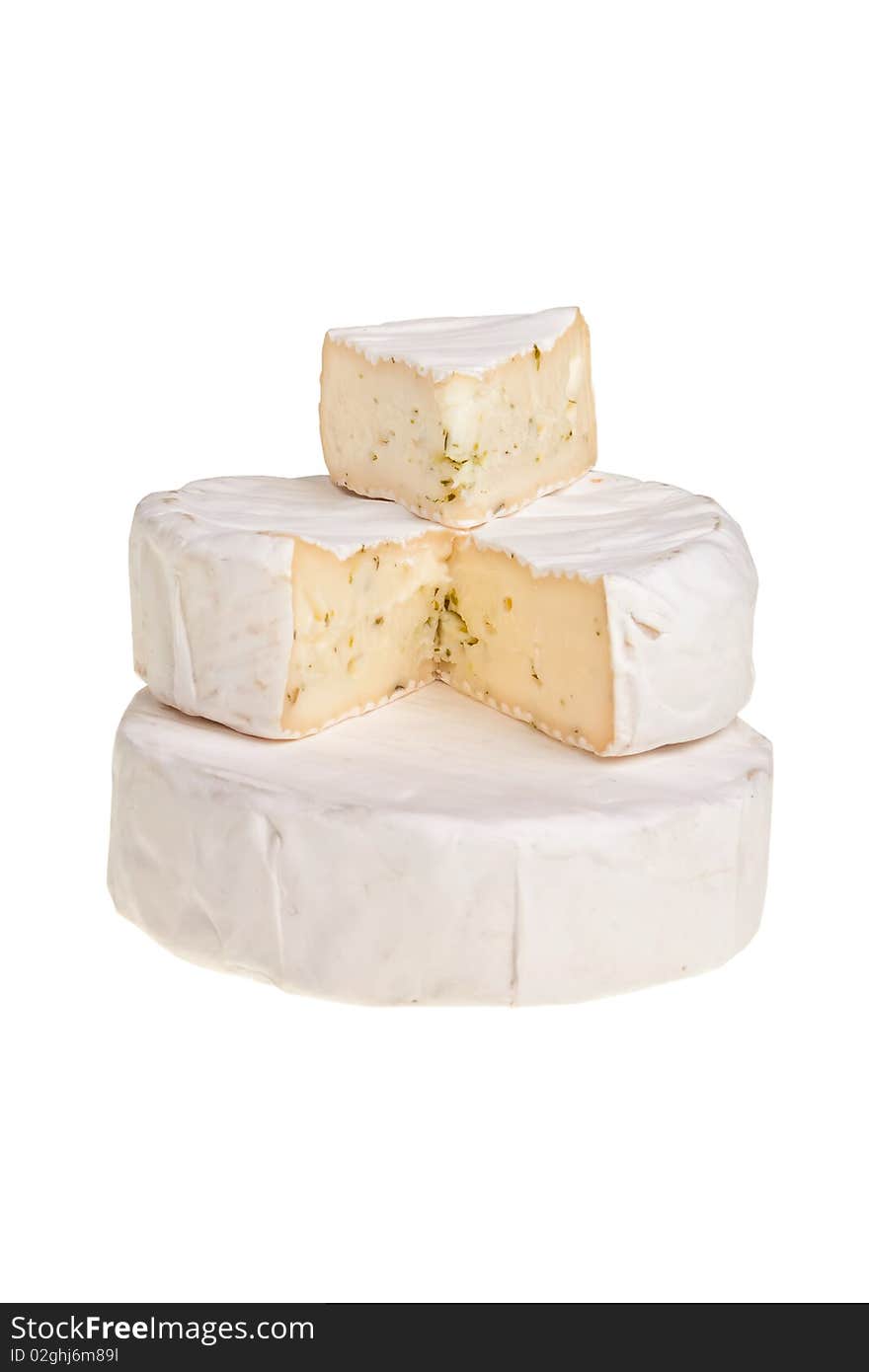 Stacked round camembert cheese blocks.