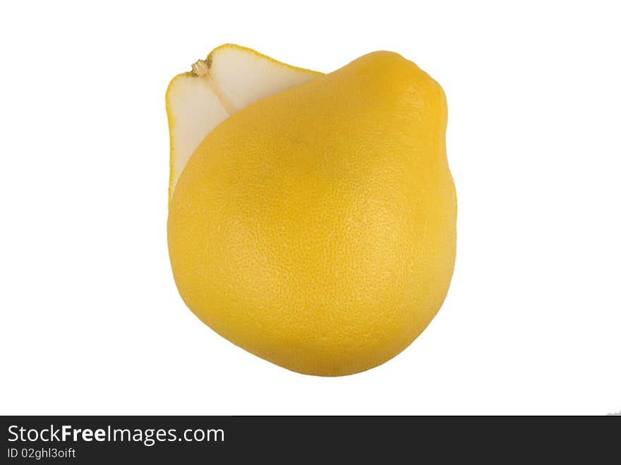 Cut and shifted fruit pomelo isolated in white