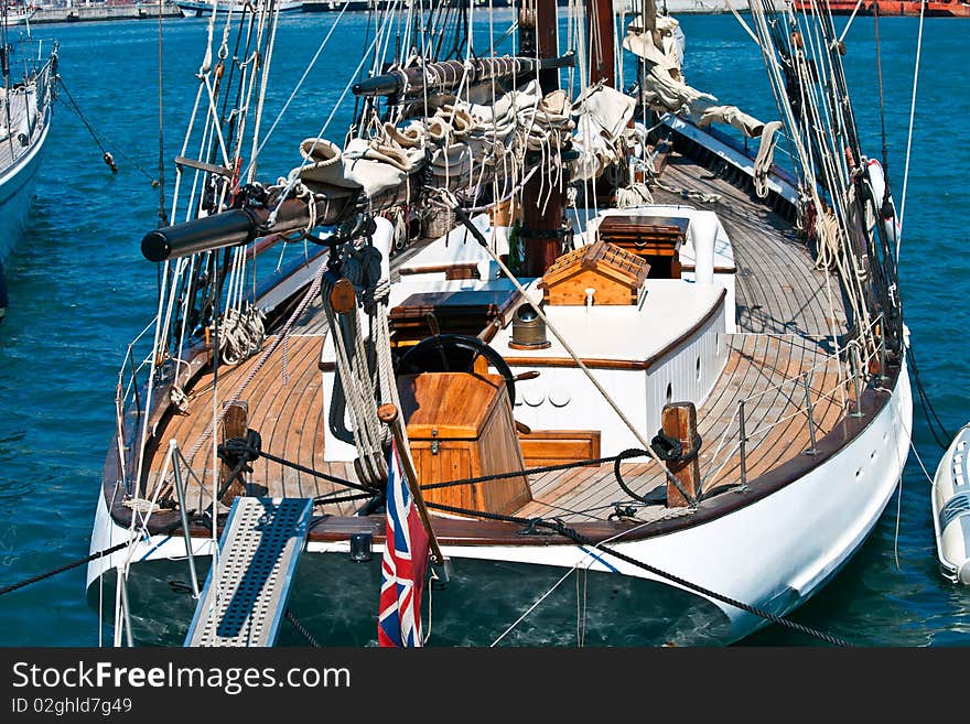 Overall view of a wooden sailing boat. Overall view of a wooden sailing boat