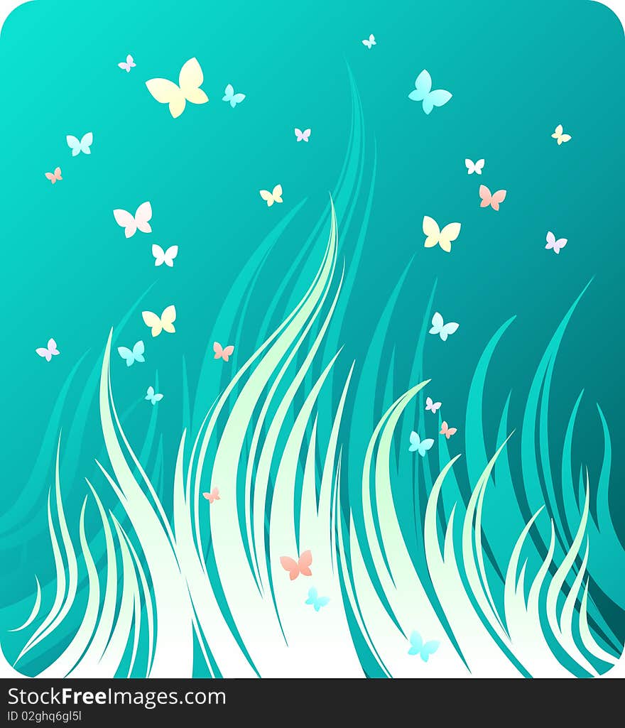 Fresh green background with stylized grass and butterflies. Fresh green background with stylized grass and butterflies