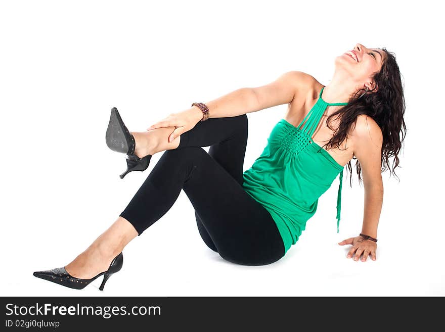 A woman over white background. A woman over white background.