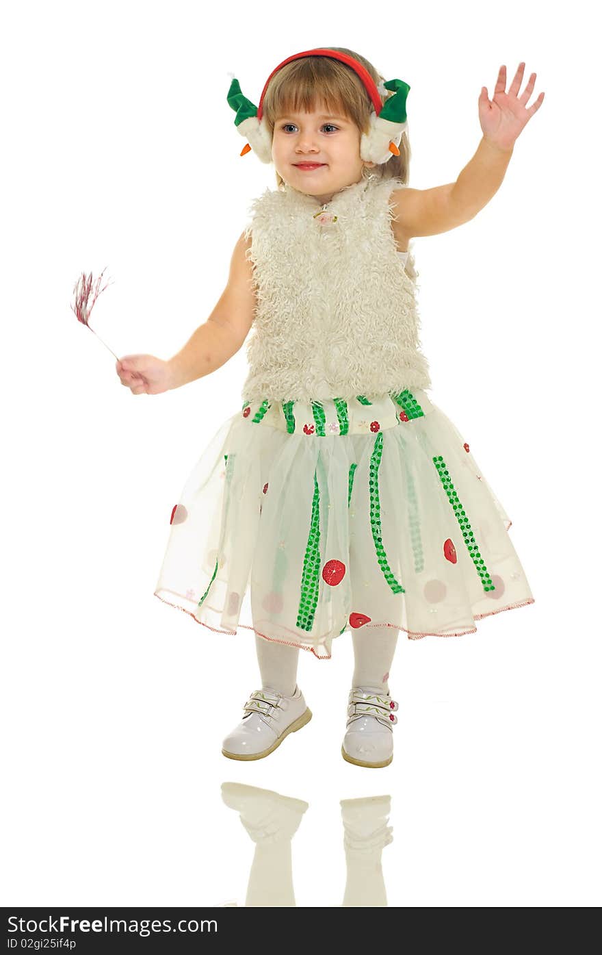 Little girl in festive attire on white background, shoot in moving. Little girl in festive attire on white background, shoot in moving