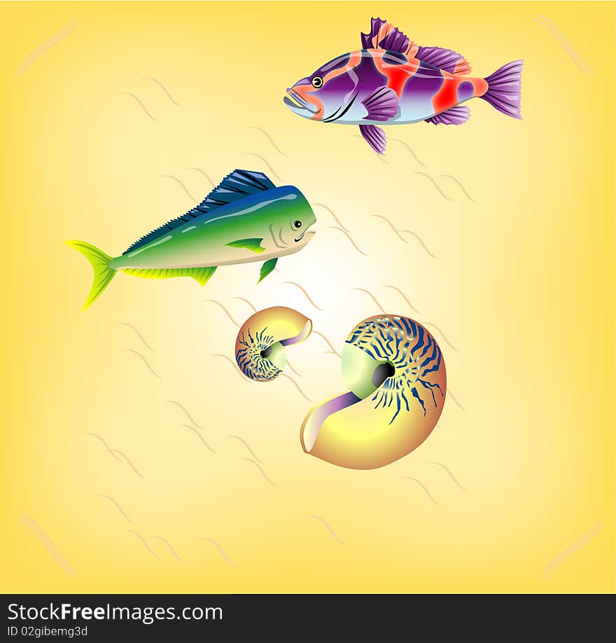 Fish in the aquarium on a yellow background