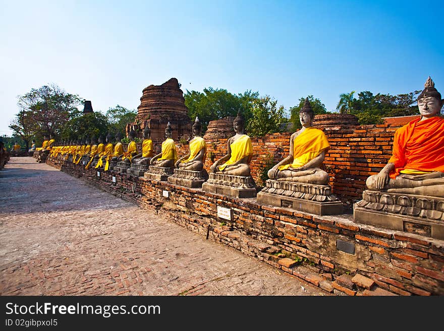 Buddha statues at the temple of Wat Yai Chai Mongkol in Ayutthaya near Bangkok, Thailand