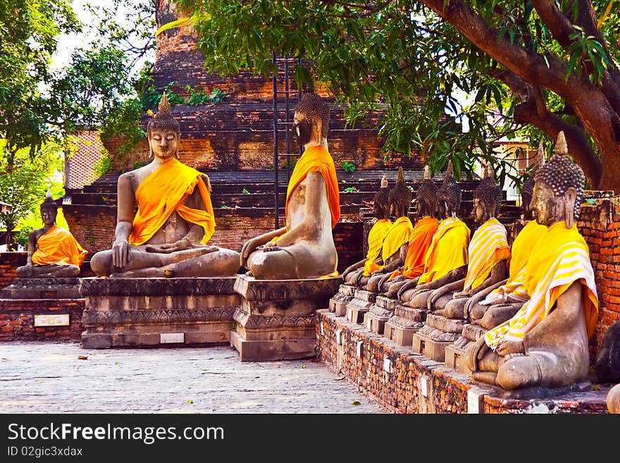 Buddha statues at the temple of Wat Yai Chai Mongkol in Ayutthaya near Bangkok, Thailand