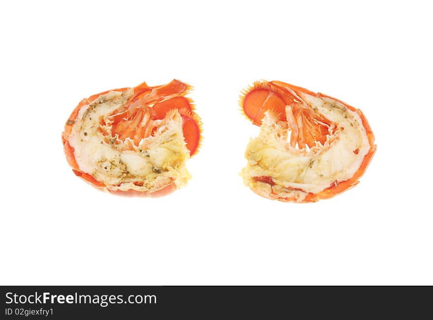 Two half lobster tails isolated on white