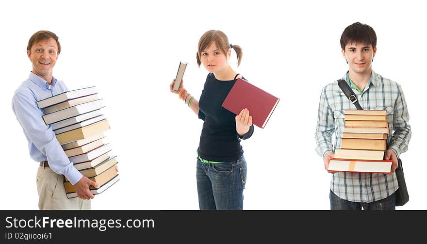 The three young students isolated on a white