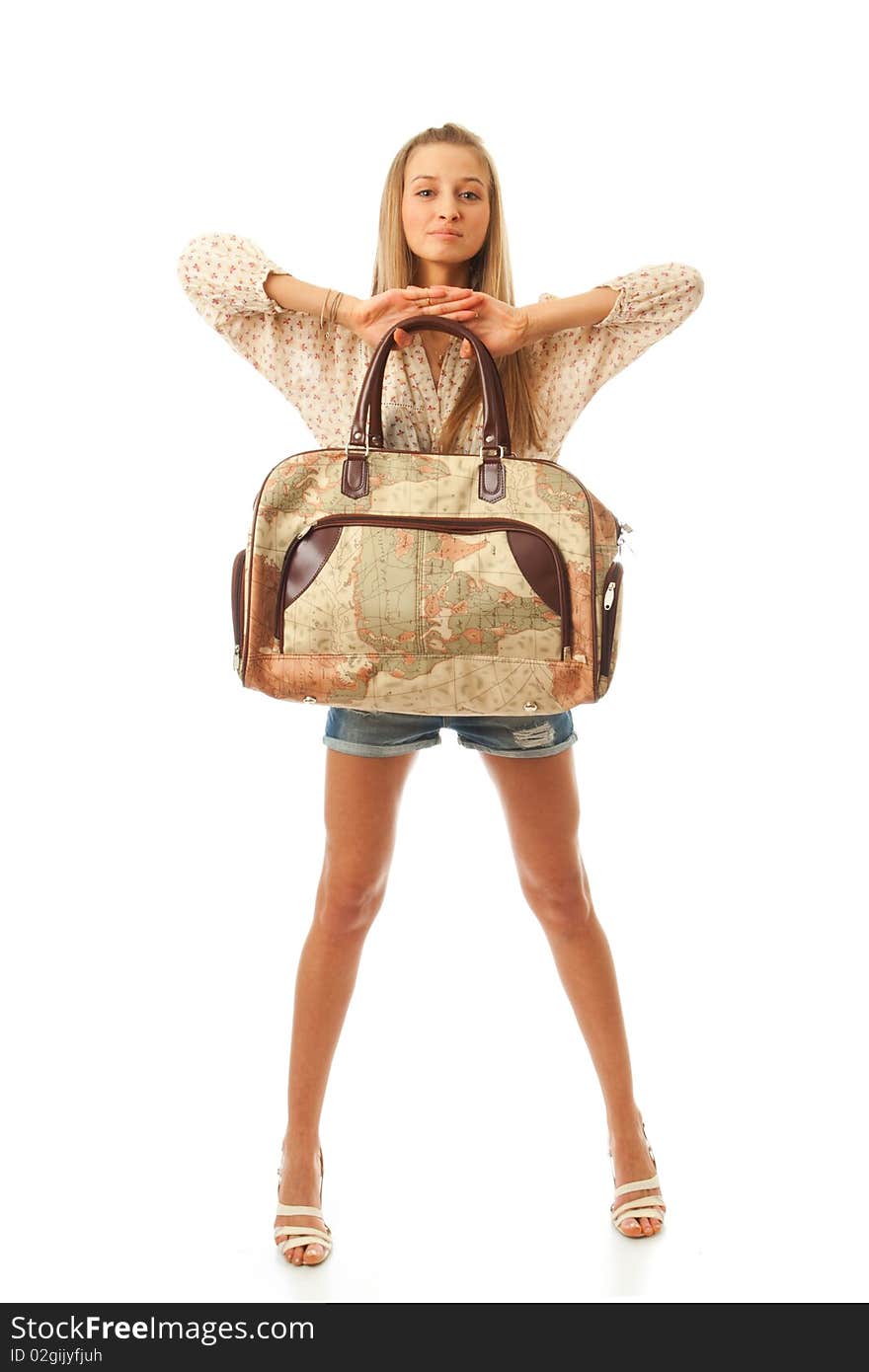 The young beautiful girl with a bag isolated on a white background