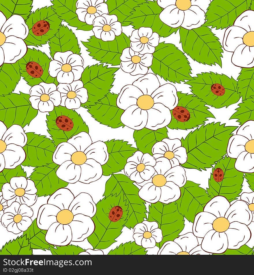 Pattern with flowers and ladybugs. Pattern with flowers and ladybugs