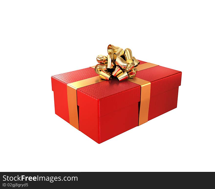 Red gift with the golden ribbon isolated on white background