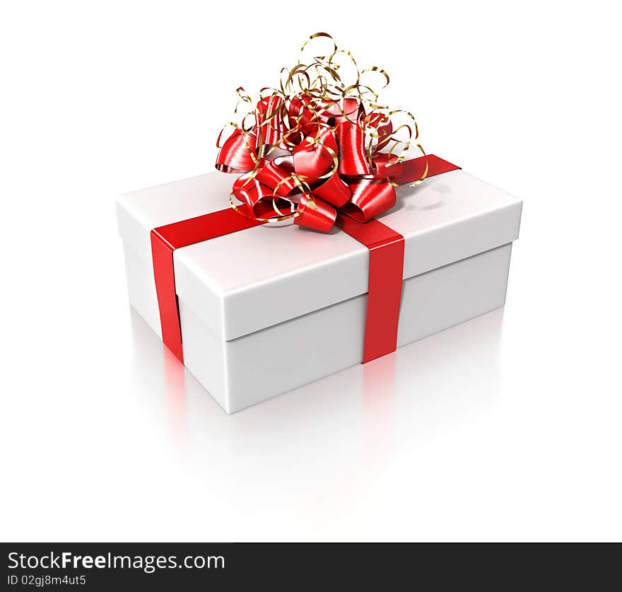 White gift with the red ribbon isolated on white background