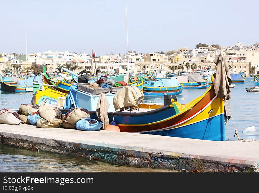 A traditional maltese fishing boat in the fishing village of marsaxlokk on the maltese islands
