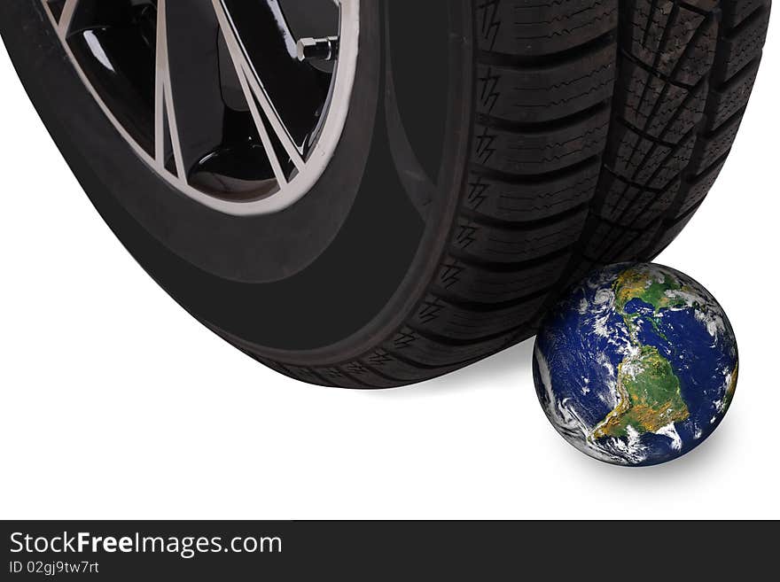 Wheel pressing globe. Isolated object on a white background. Source from globe: http://visibleearth.nasa.gov/