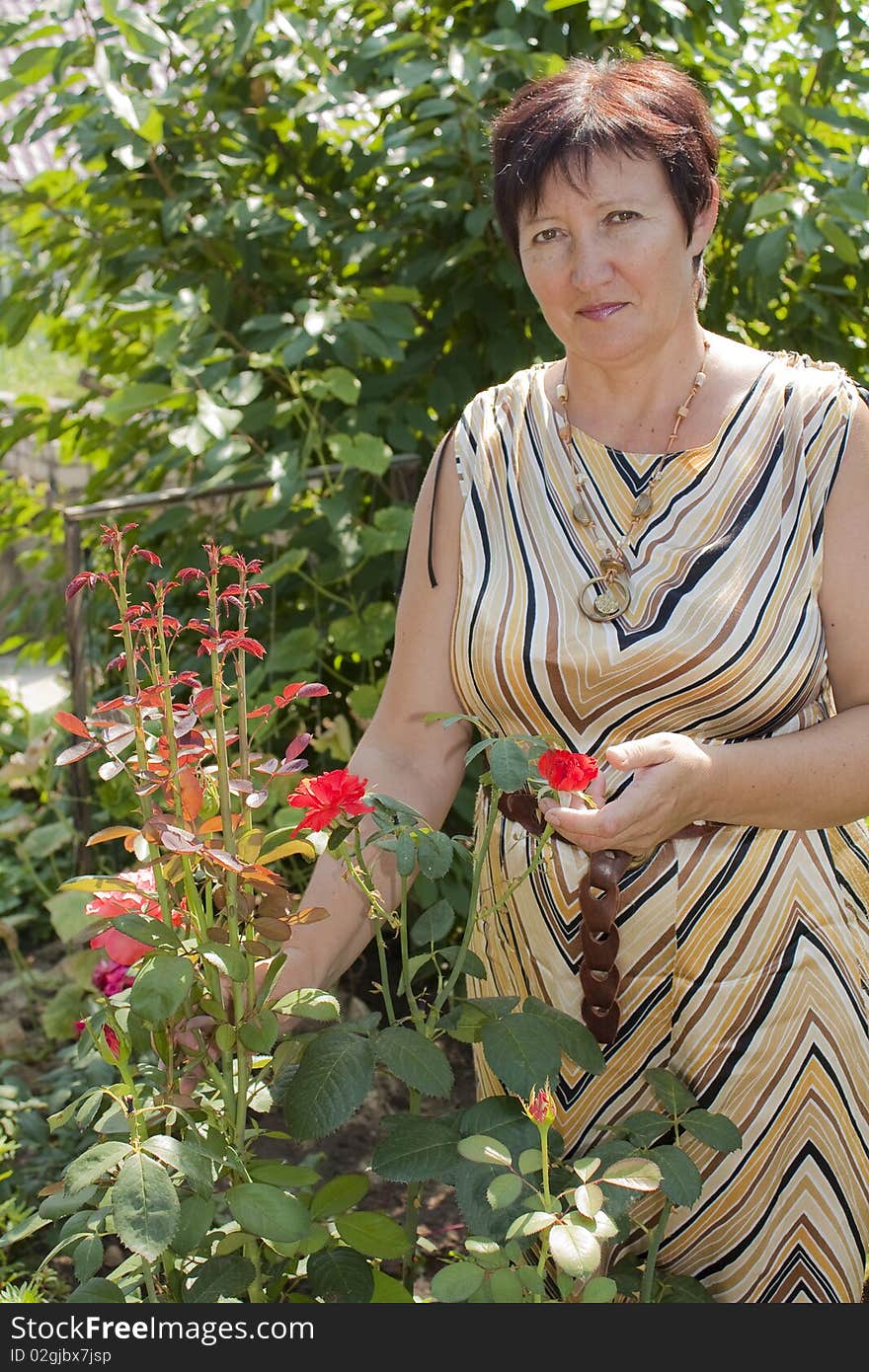 The woman with own to a garden shows a bush of red roses