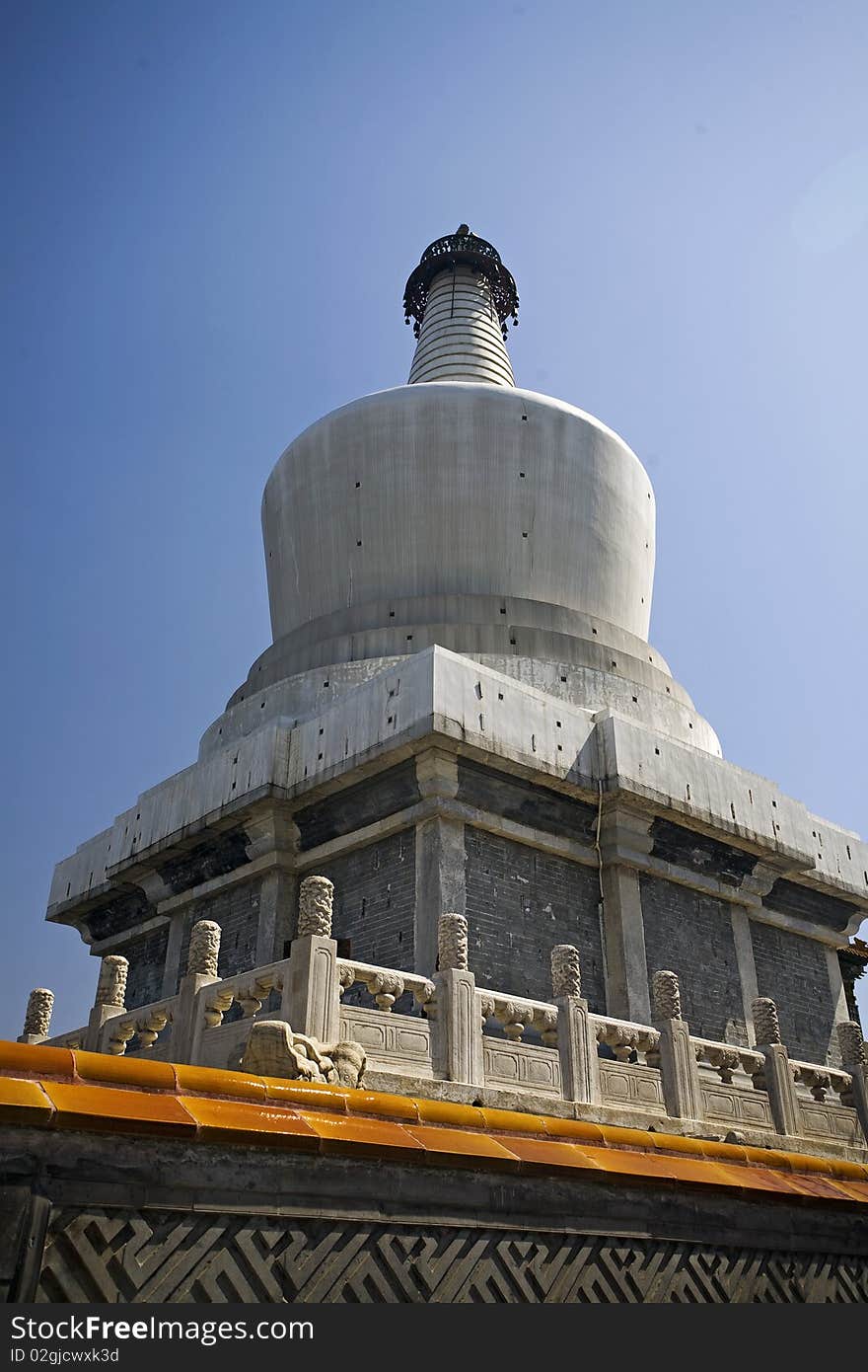 White pagoda  with blooming Peach Flower