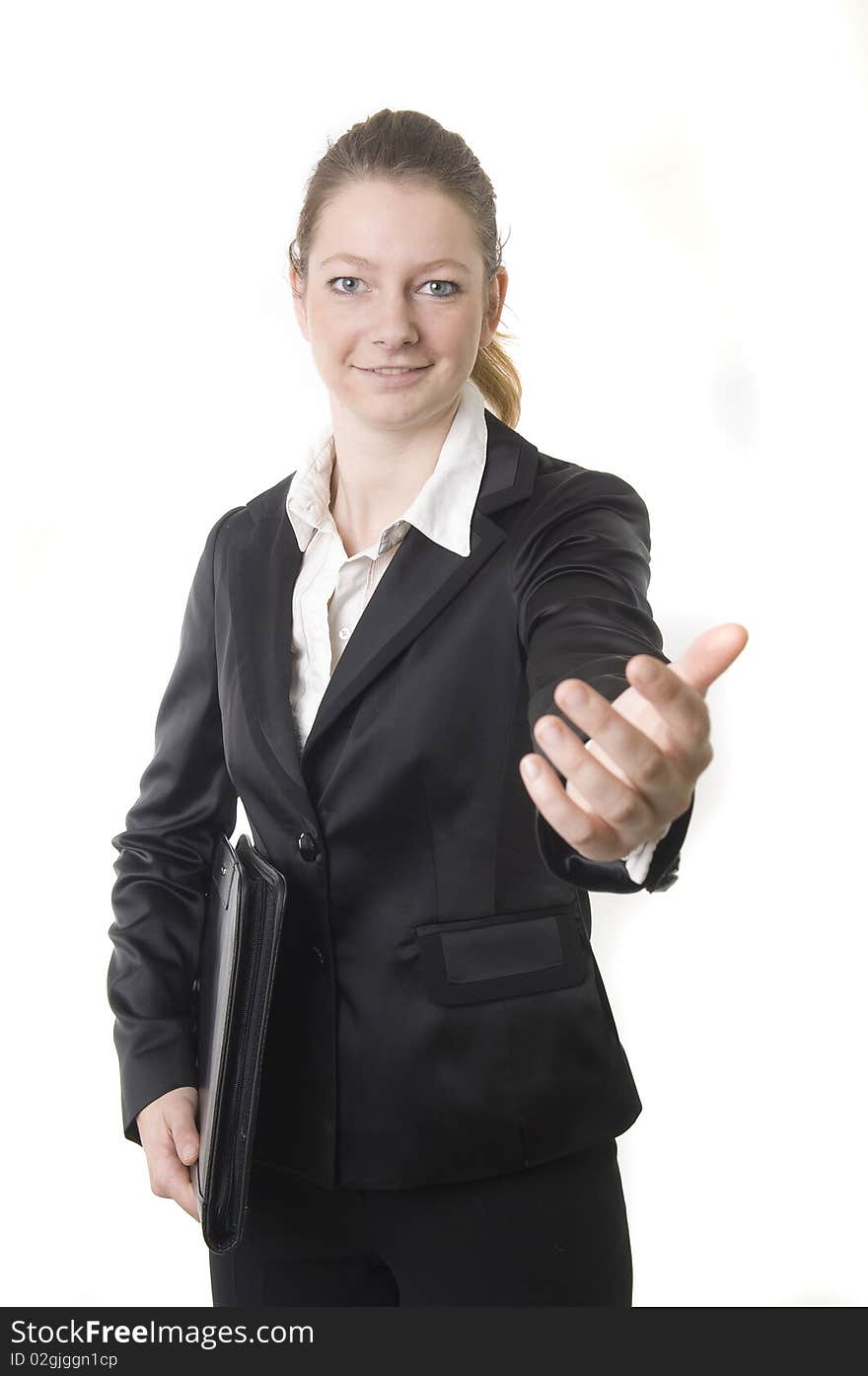 Business woman is holding a black book. Business woman is holding a black book