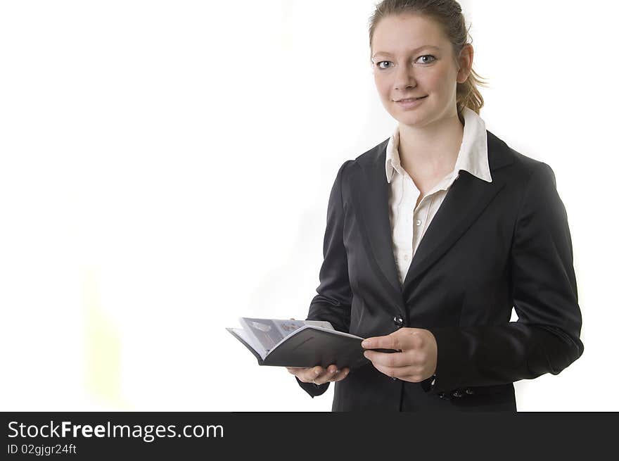 Young business woman with black  businesscard book