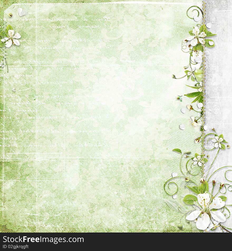 Green background with cherry flowers