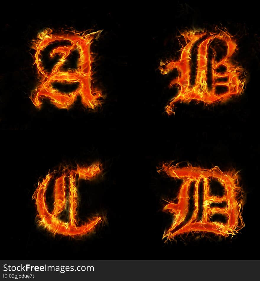 Letters A-D in flames