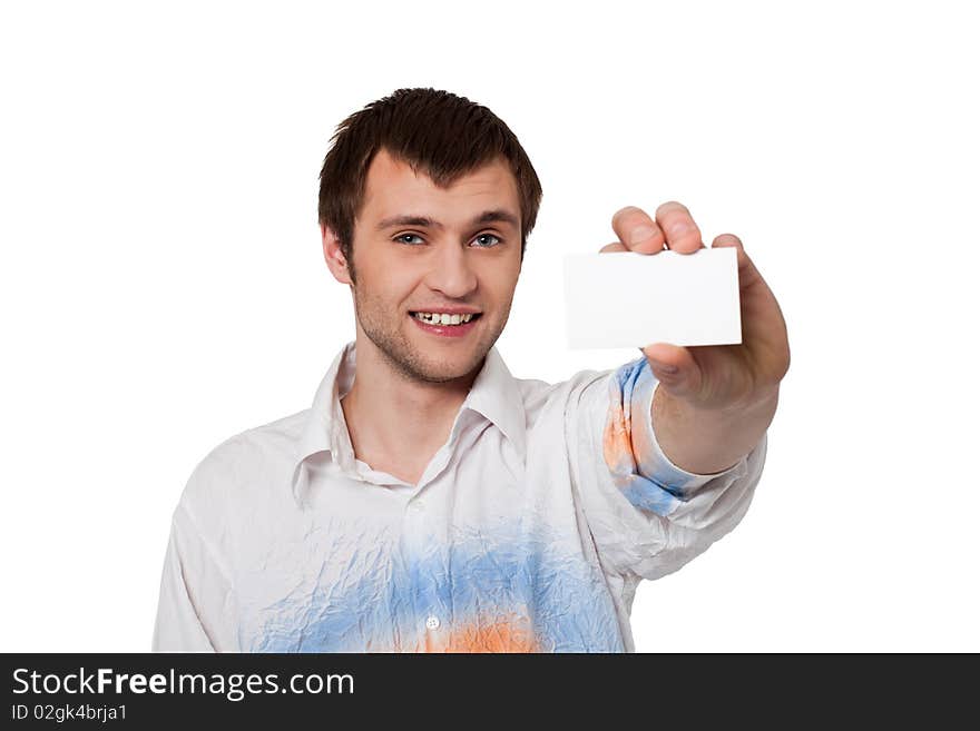 Young man showing a blank visiting card. Young man showing a blank visiting card