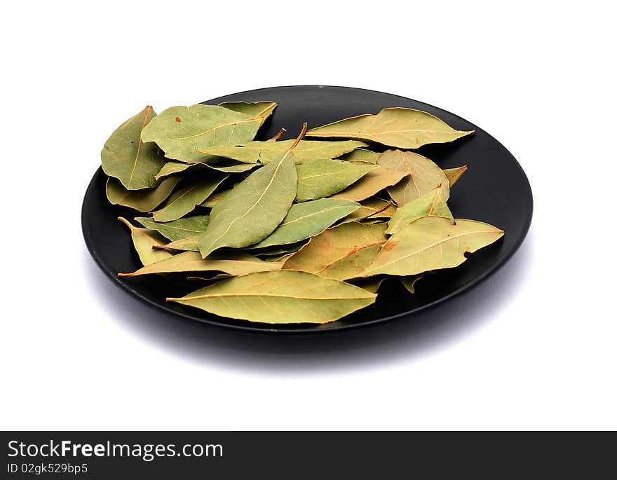 Bay leaves on a plate isolated on a white background